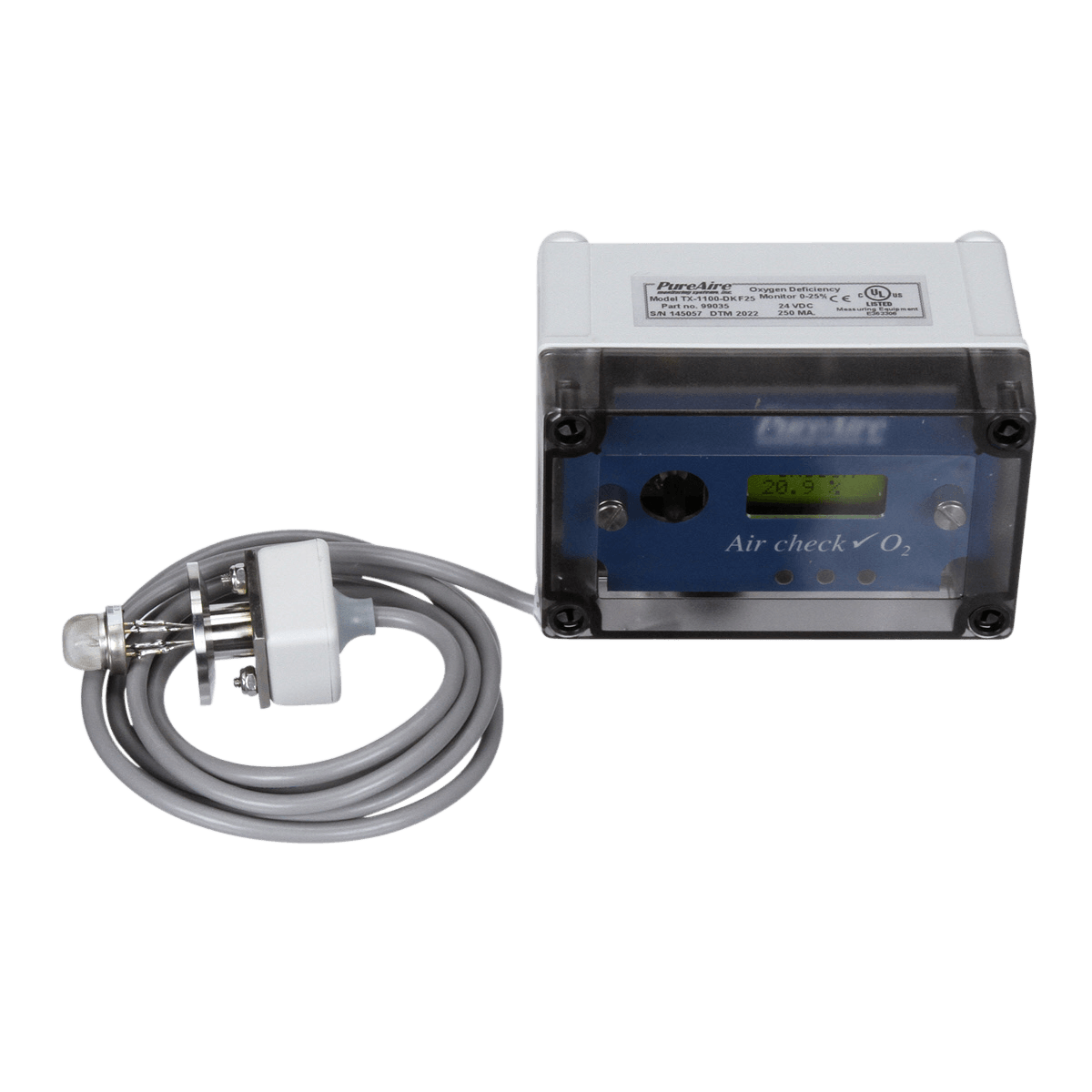Oxygen Deficiency Monitor by PureAire. Oxygen Monitor, O2 Depletion